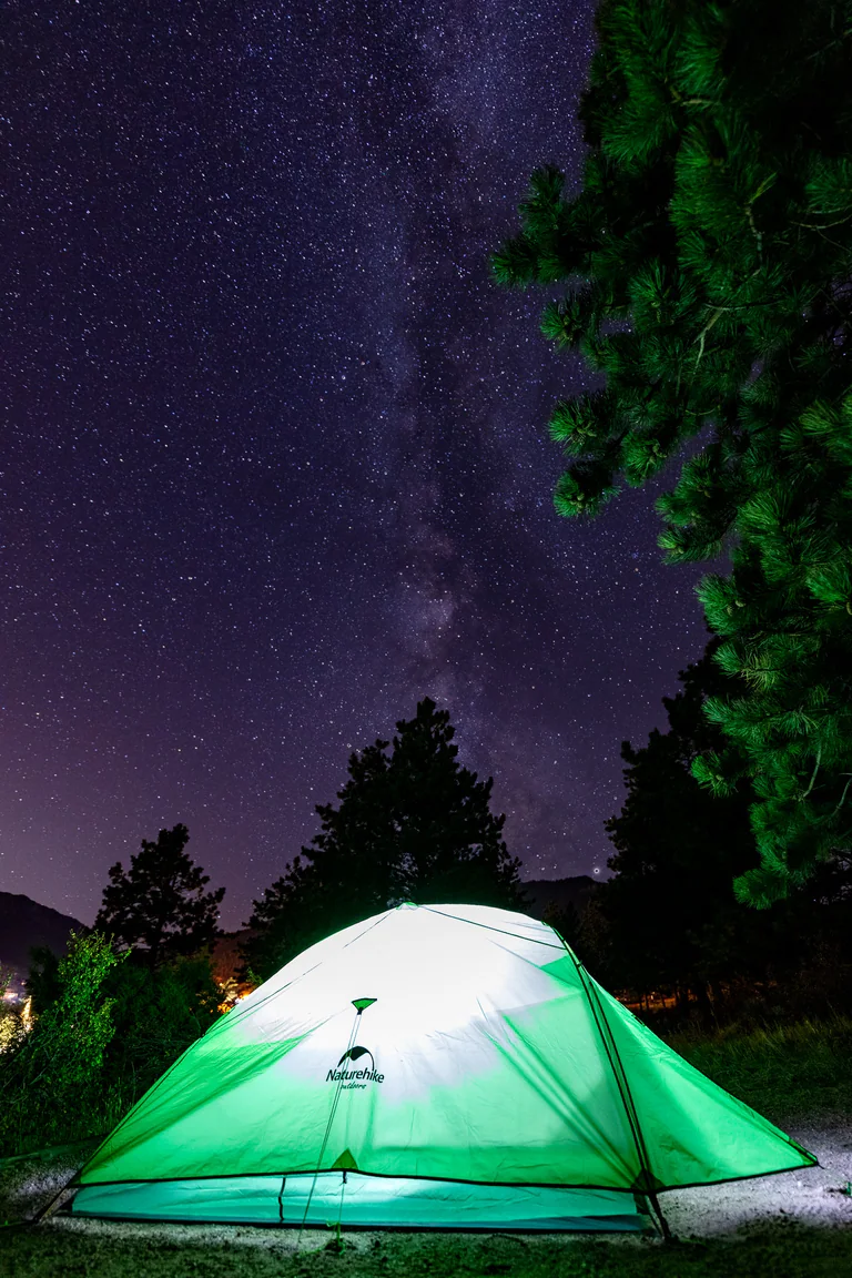 An illuminated green tent beneath a star-filled night sky, framed by dark trees.
