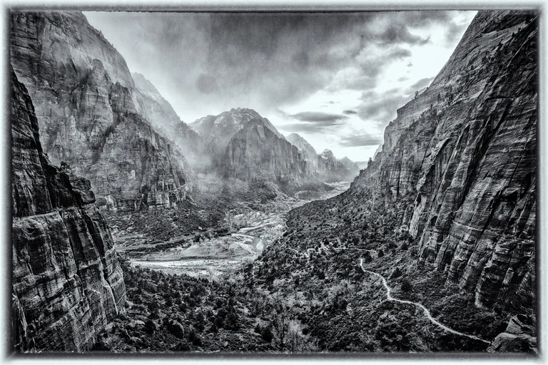 Black-and-white panorama of a tree-lined valley enclosed by immense canyon walls.