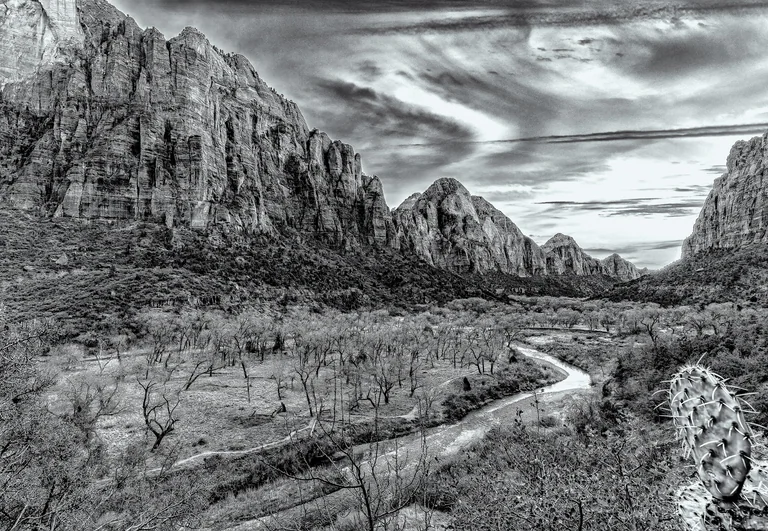 Black-and-white view of a river winding through a canyon below steep cliffs.