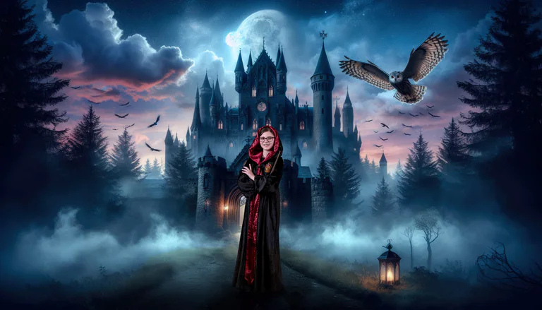 Fantasy composite of a robed figure before a misty castle, with a bird flying above dark trees.