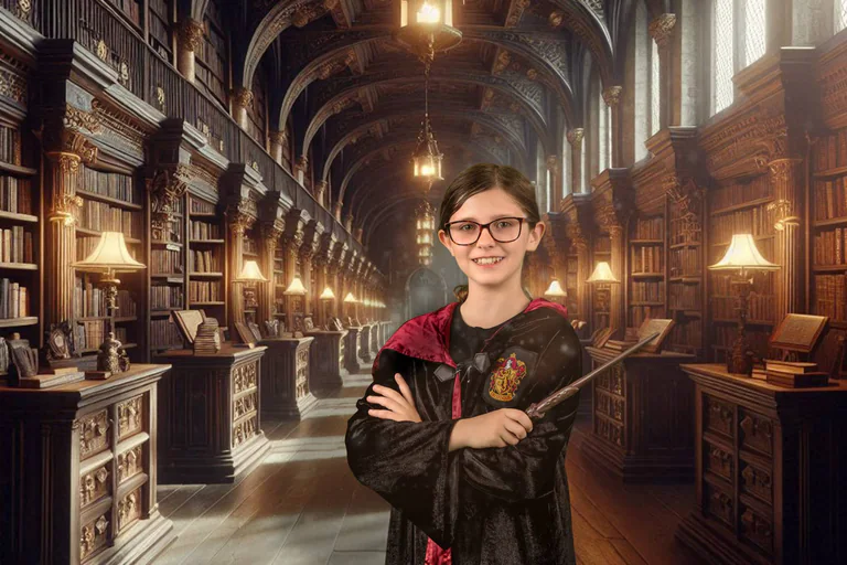 A child wearing glasses and a dark robe holds a wand inside a warmly lit library.