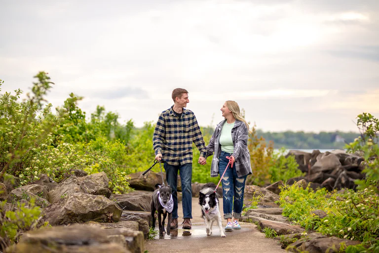 Two people and their dogs stand on a rocky outcrop surrounded by green shrubs.